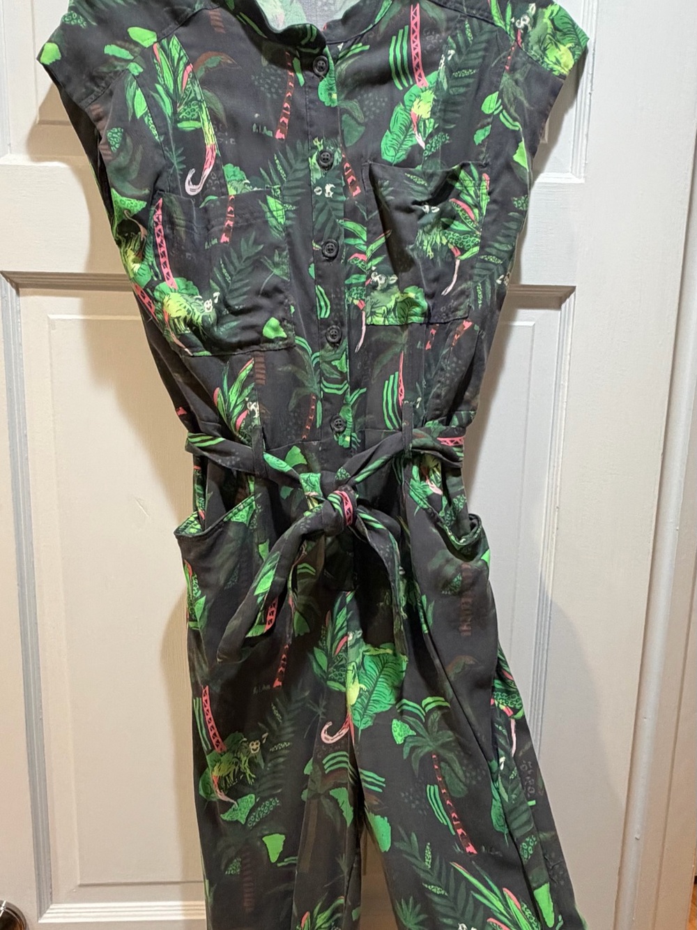 Oliver Bonas Black Jumpsuit with Green & Pink Tropical Monkey Print